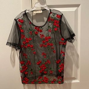 See through top with embroidered flowers